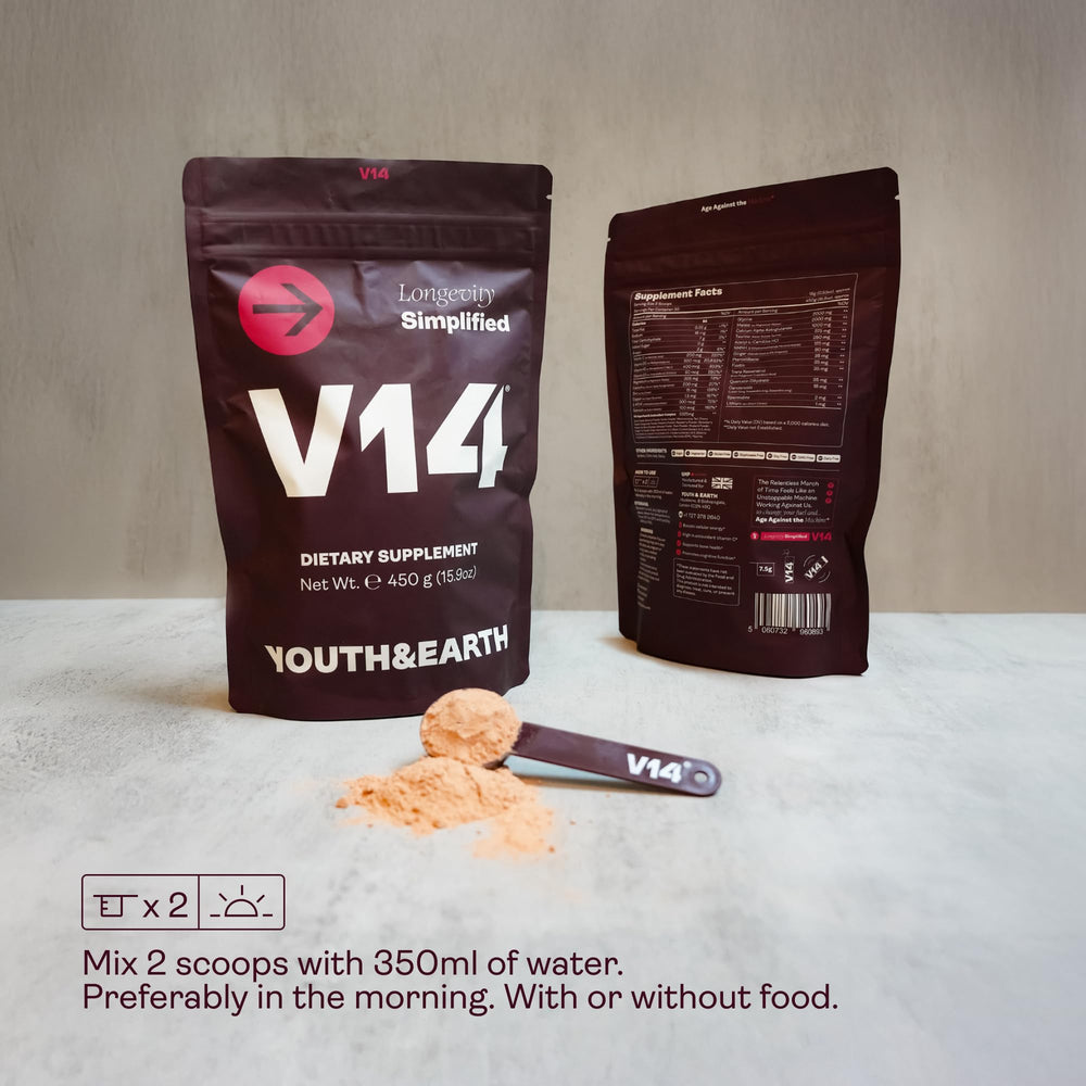 V14 Reds powder label closeup showing ingredient information.