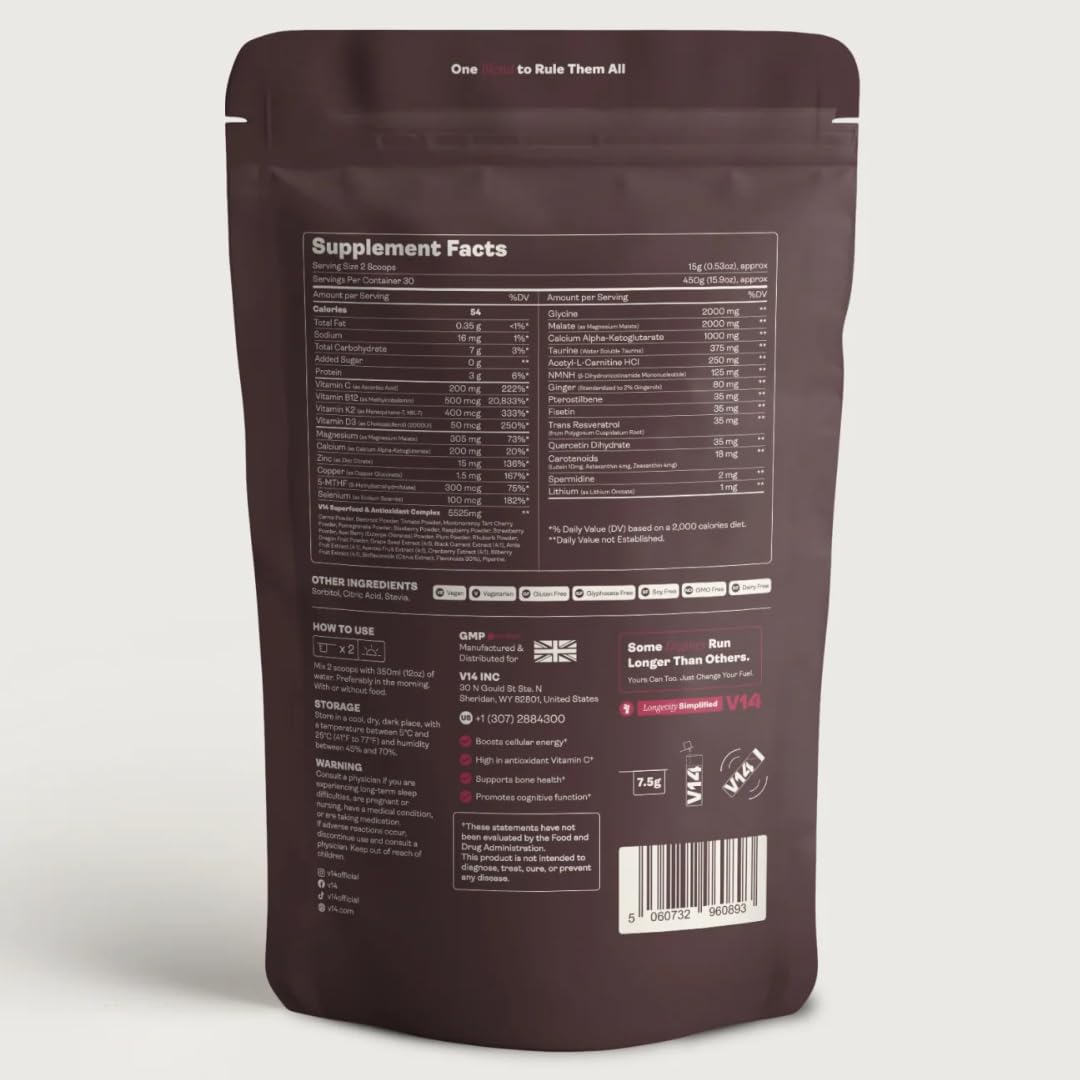V14 Reds powder serving scoop highlighting precise daily serving measurement.