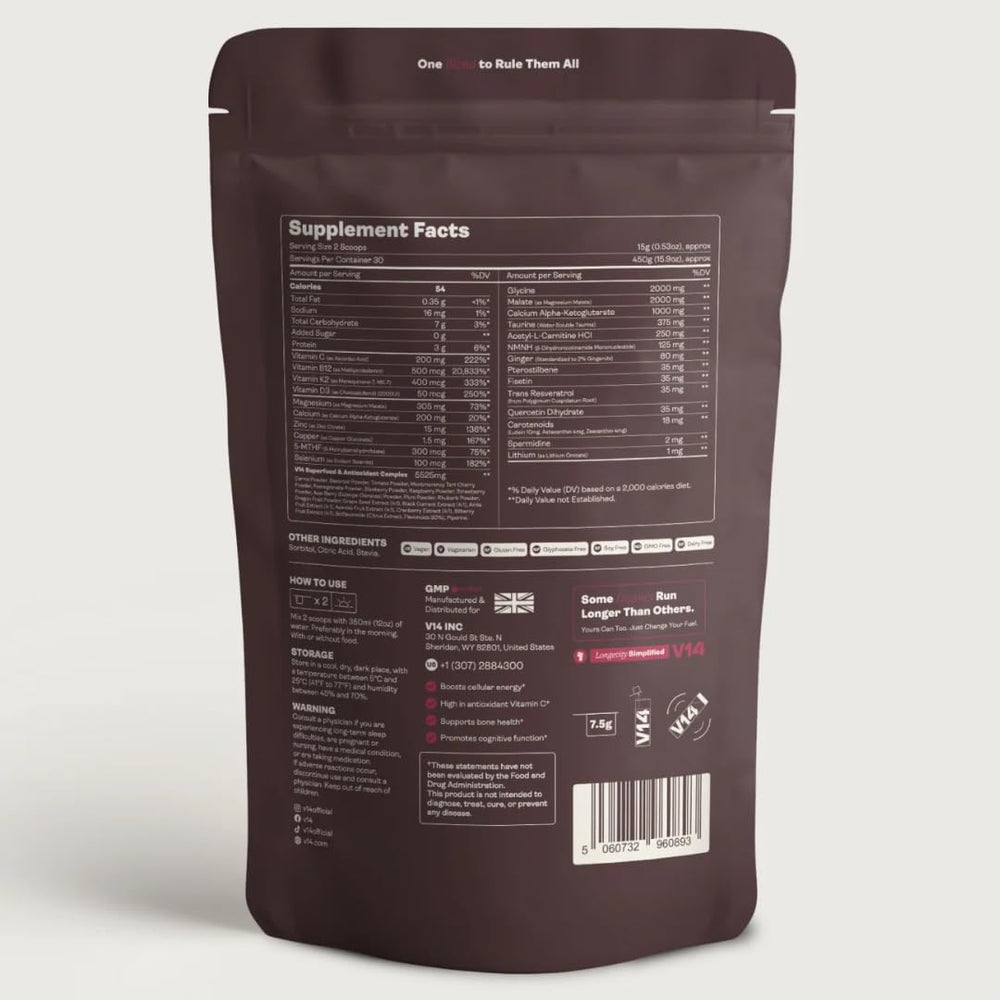 V14 Reds powder serving scoop highlighting precise daily serving measurement.