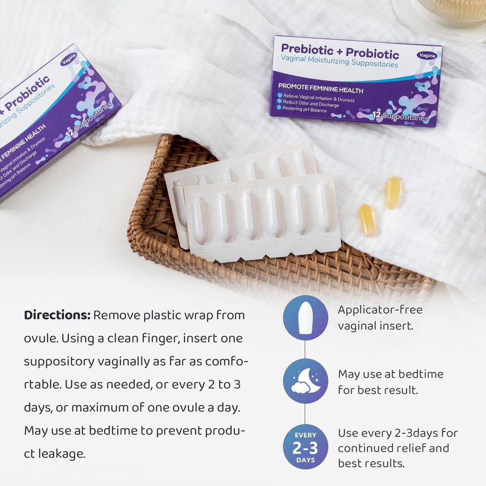 Vagiria hyaluronic acid and tea tree oil images suggesting moisture and soothing care