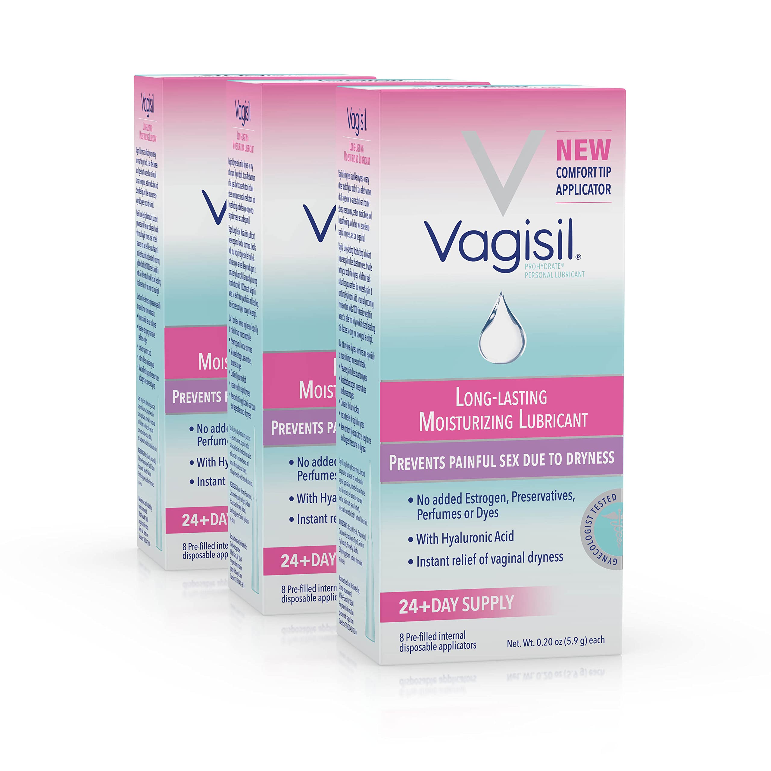 Vagisil Prohydrate packaging with three 8-count boxes for discreet moisture support.
