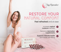 Close-up of Wet by Nature label highlighting estrogen-free formula for vaginal comfort.