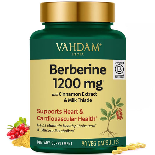 VAHDAM Berberine 1200mg bottle shown for daily metabolism support.