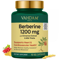 VAHDAM Berberine 1200mg bottle shown for daily metabolism support.