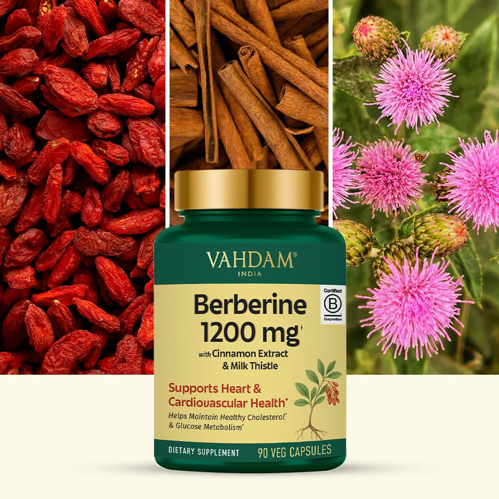 A VAHDAM Berberine bottle with capsules demonstrates easy daily dosing.