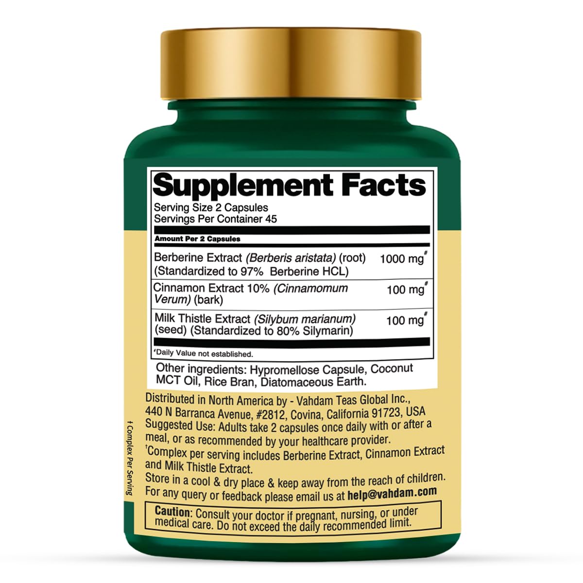 VAHDAM Berberine Cinnamon-Milk Thistle capsules sit ready for a daily routine.