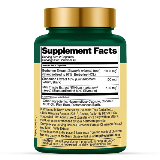 VAHDAM Berberine Cinnamon-Milk Thistle capsules sit ready for a daily routine.
