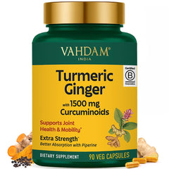 VAHDAM extra-strength turmeric ginger supplement bottle for daily wellness.