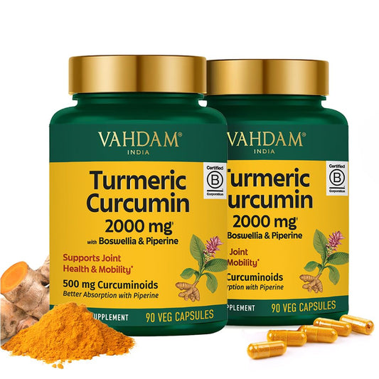 VAHDAM turmeric curcumin bottle front view; may support daily joint comfort.