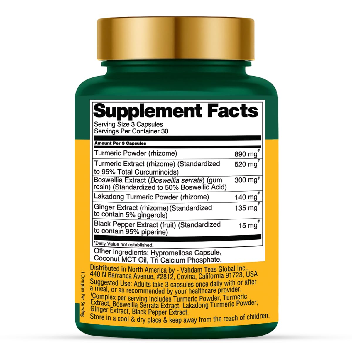 VAHDAM turmeric curcumin bottle side view highlighting compact capsule format.
