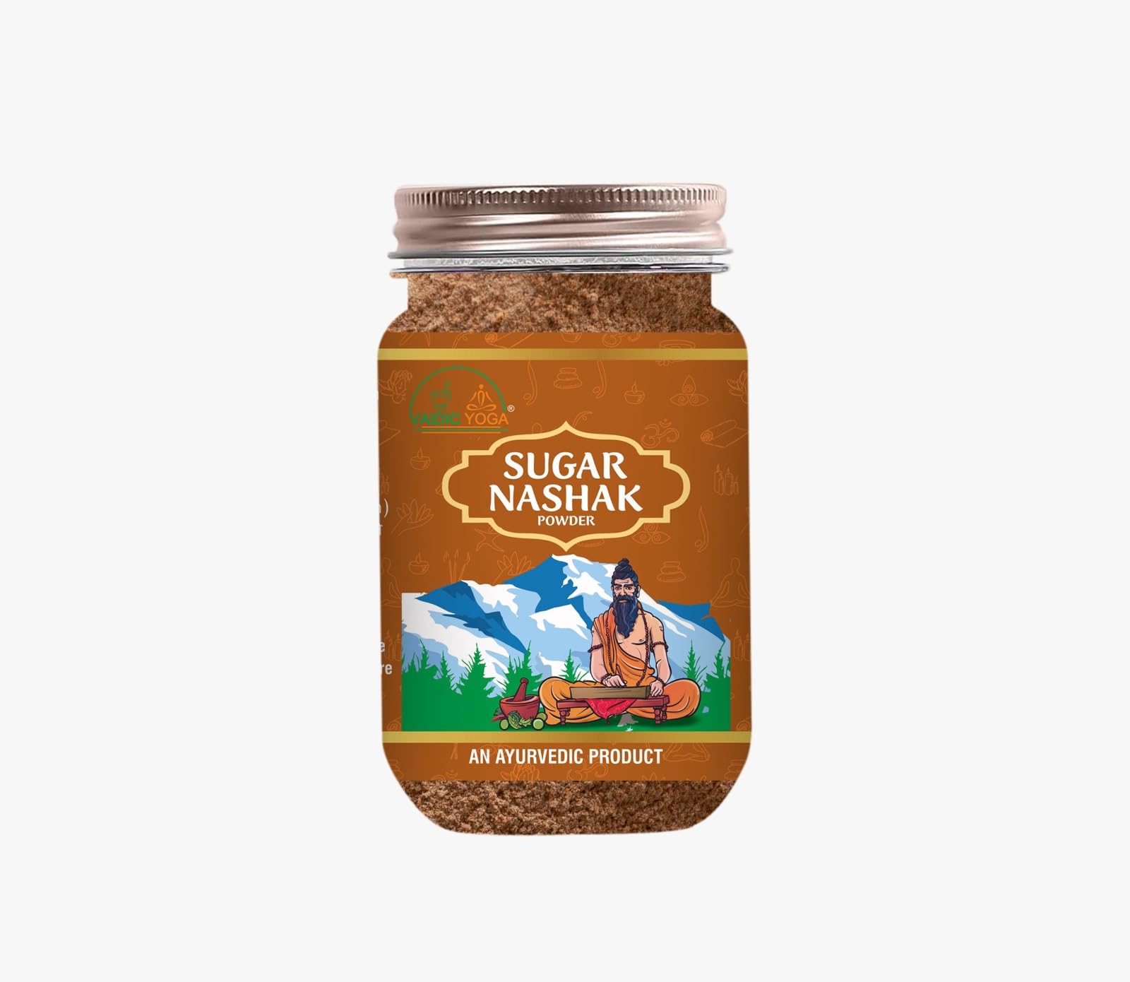 Vaidic Yoga Sugar Nashak powder bottle with label, emphasizing vegan wellness support.