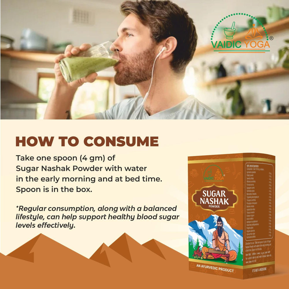 Vaidic Yoga Sugar Nashak powder in a cup ready to blend into routines.