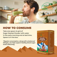 Vaidic Yoga Sugar Nashak powder in a cup ready to blend into routines.
