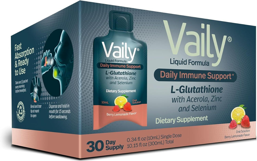 Vaily glutathione liquid bottle highlighting the antioxidant formula for daily vitality.