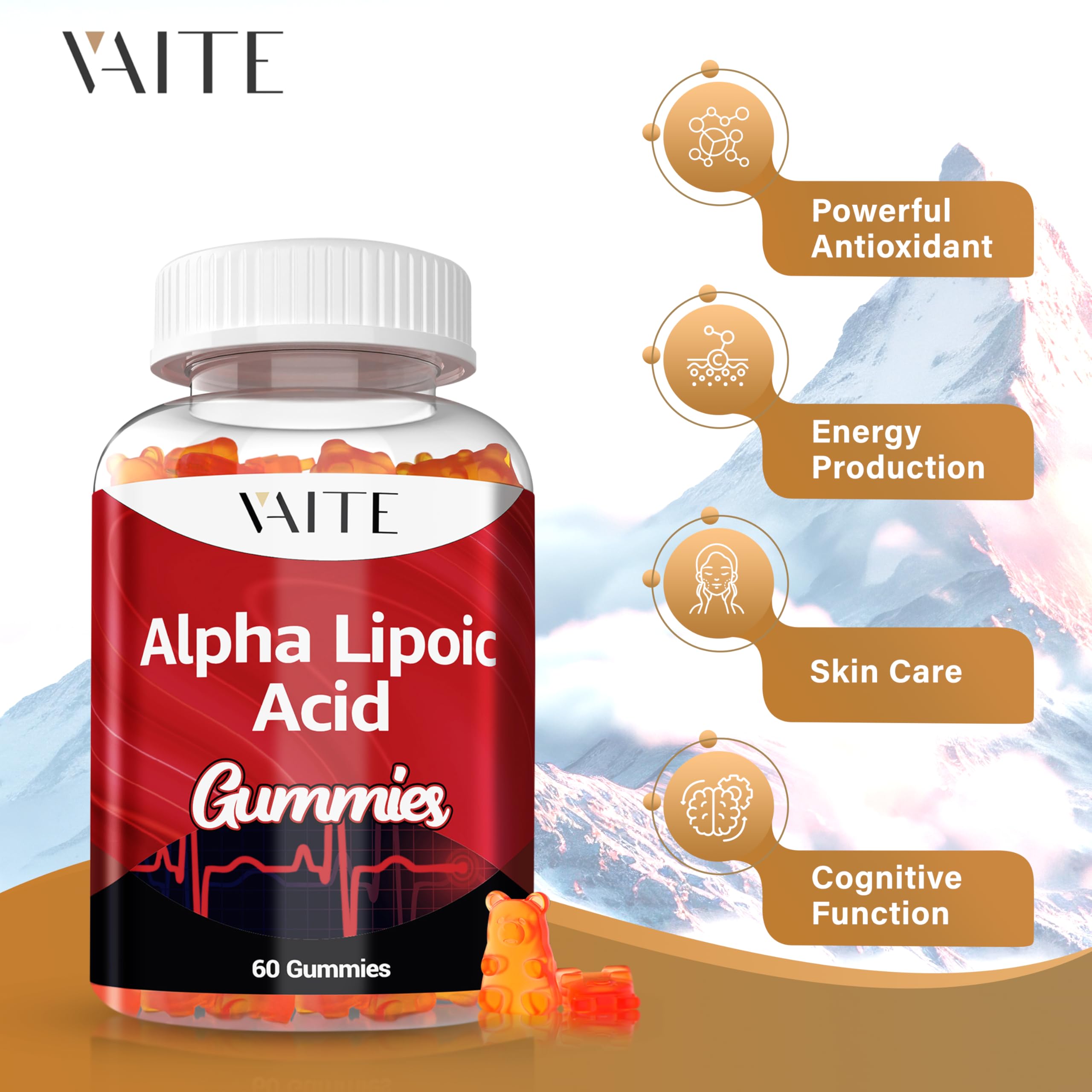 VAITE ALA Gummies bottle close-up, chewy texture for daily use