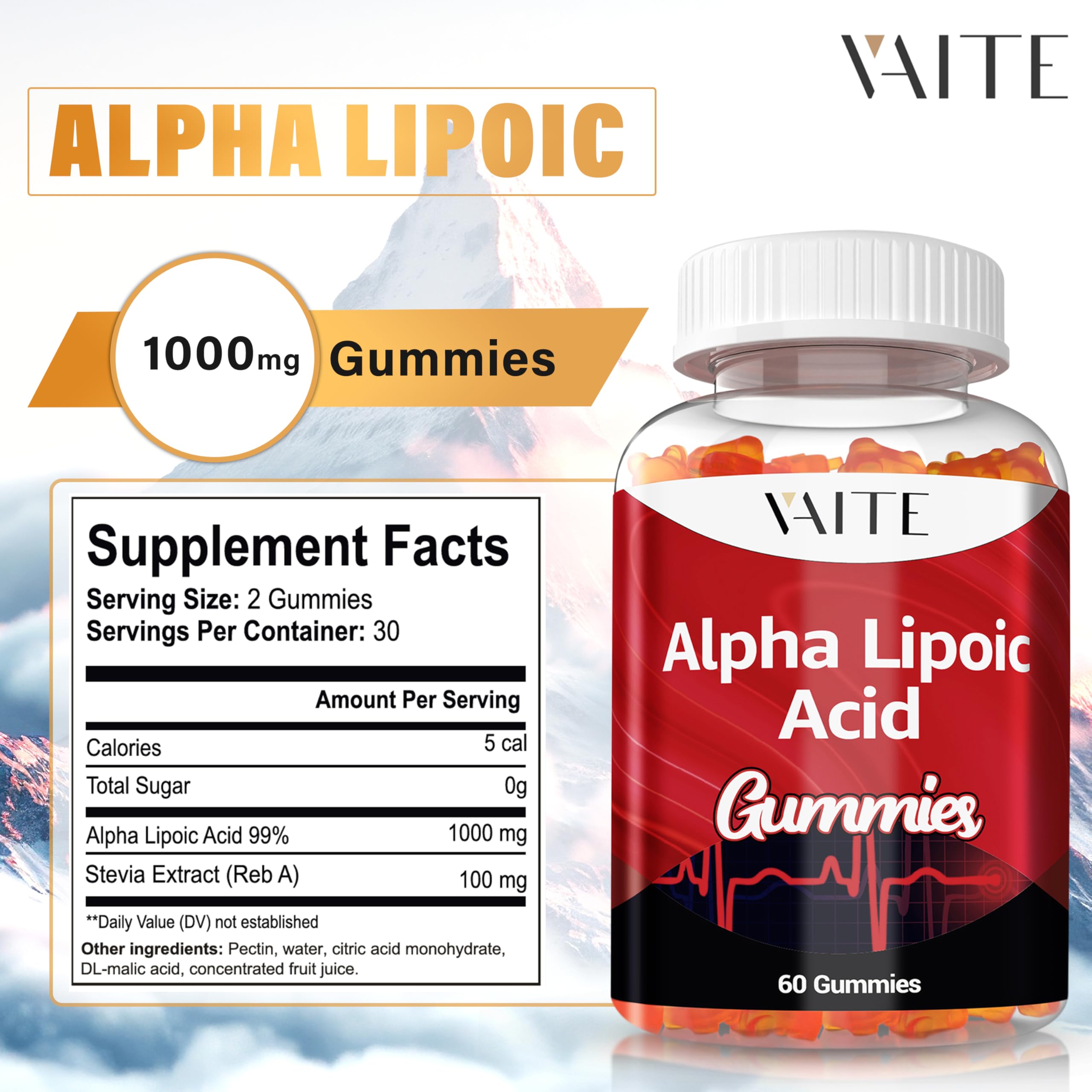 VAITE Alpha Lipoic Acid Gummies nutrition label, gluten-free and non-GMO