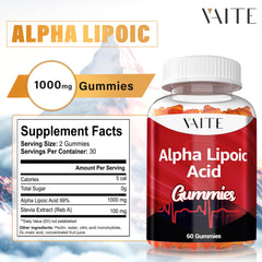VAITE Alpha Lipoic Acid Gummies nutrition label, gluten-free and non-GMO
