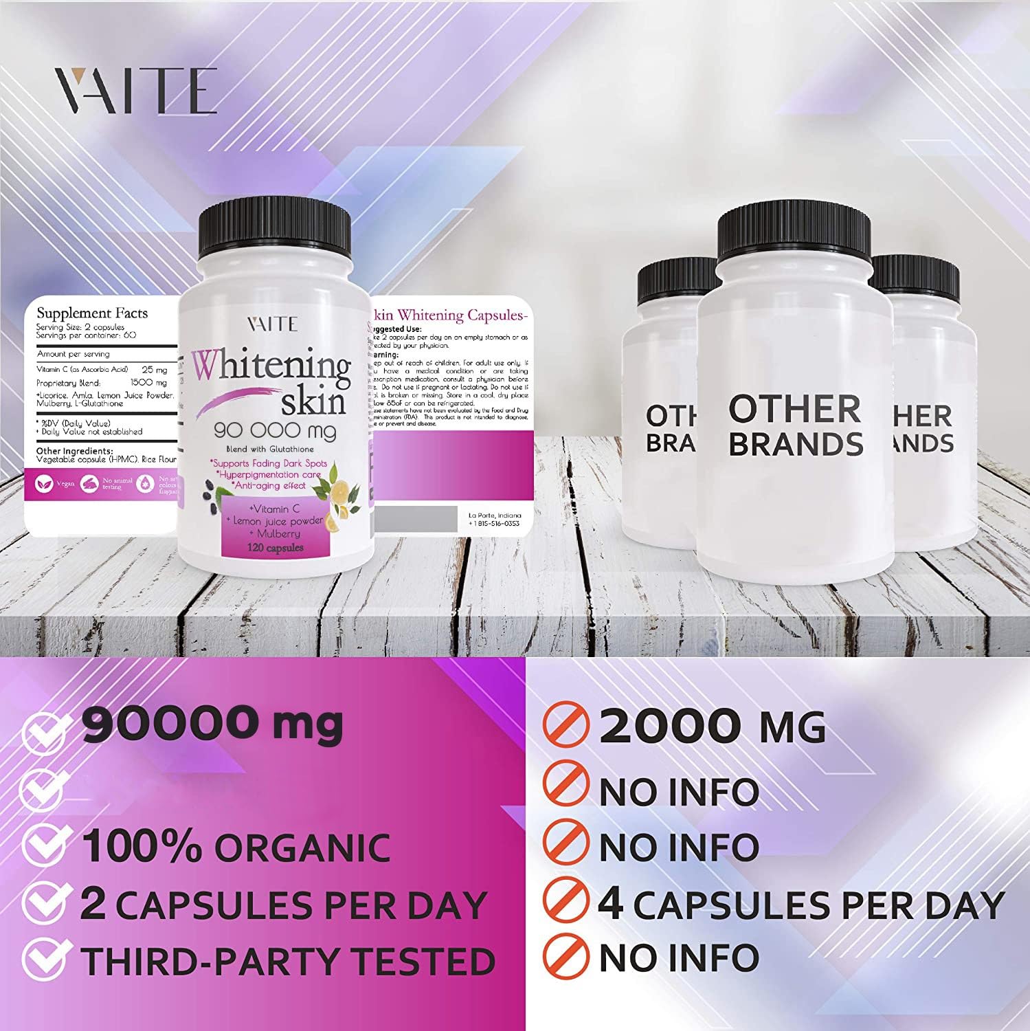 VAITE Glutathione capsules in a glass jar for daily skin care.