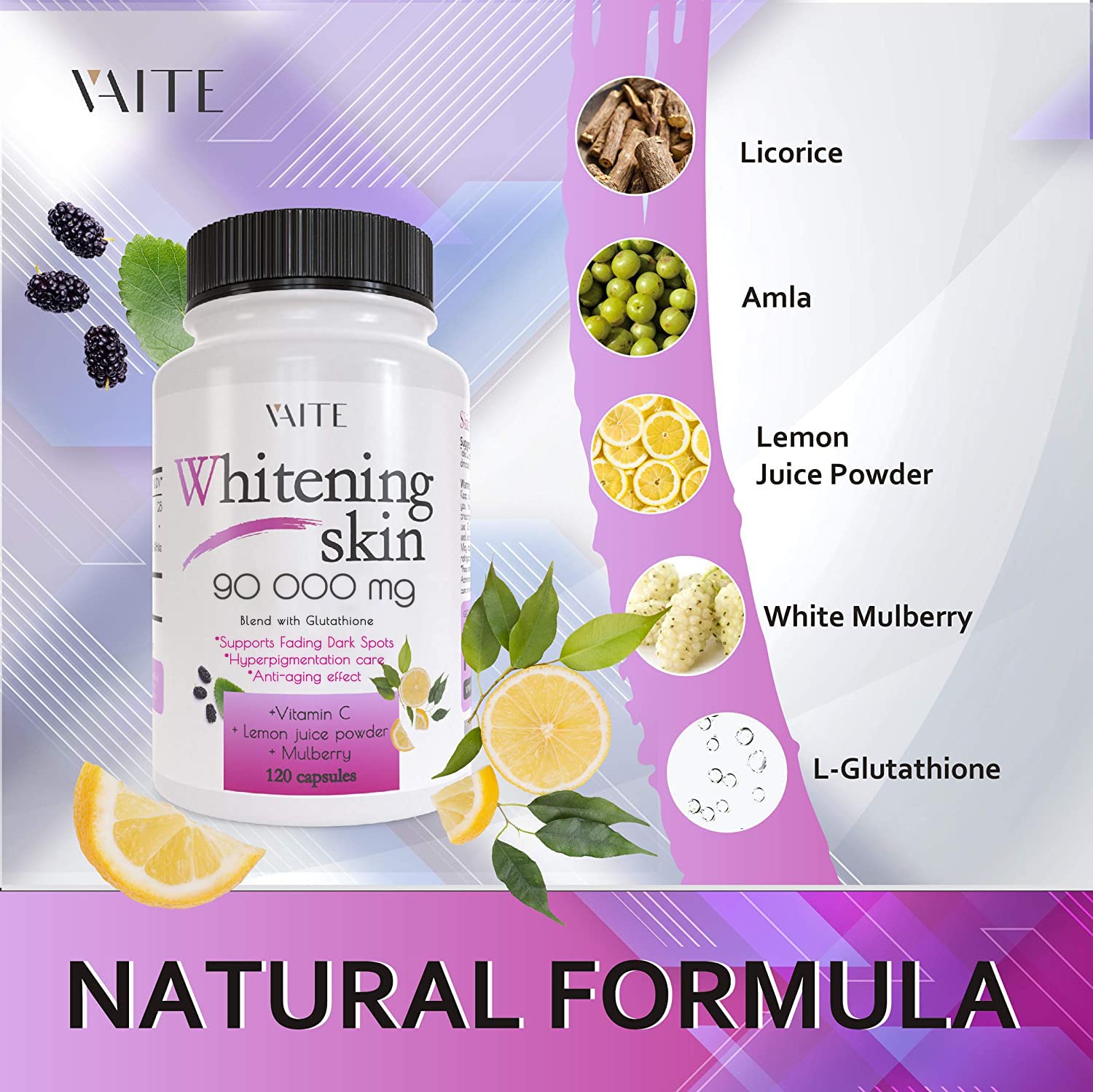 VAITE Glutathione bottle beside white mulberry and lemon powder ingredients.