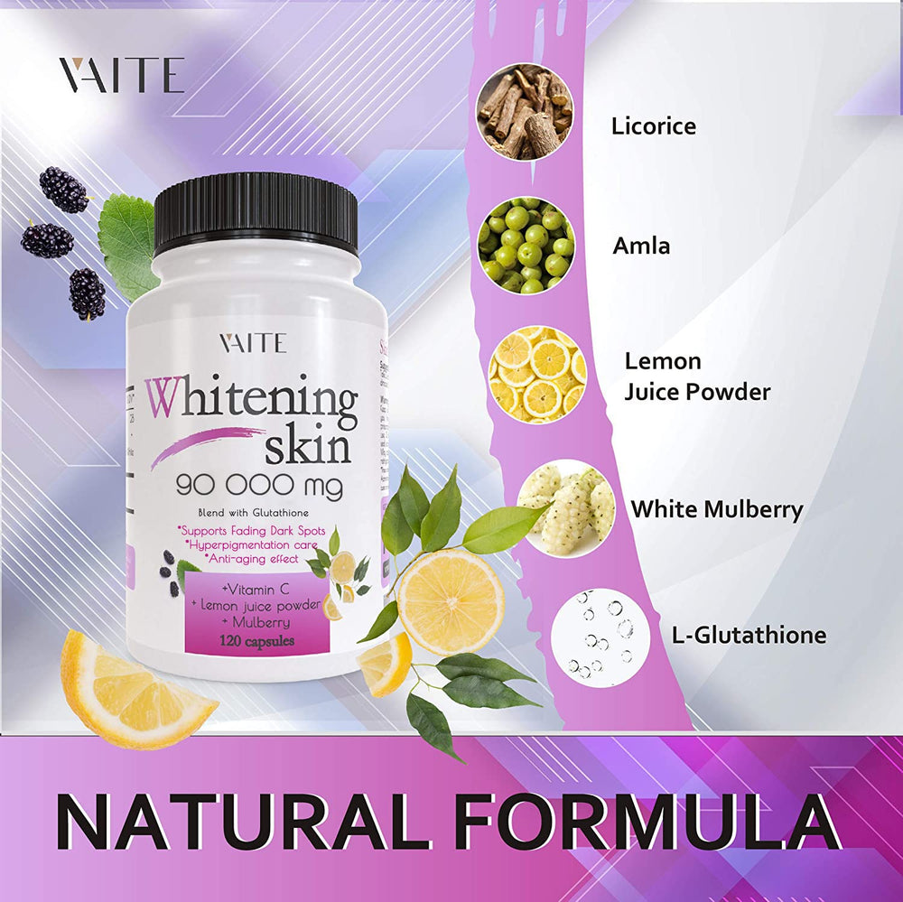VAITE Glutathione bottle beside white mulberry and lemon powder ingredients.