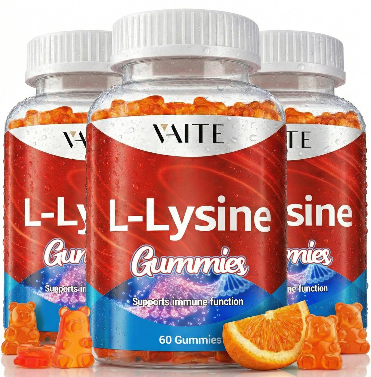 VAITE L-Lysine 1000mg Gummies bottle shows vegan, gluten-free wellness for adults.