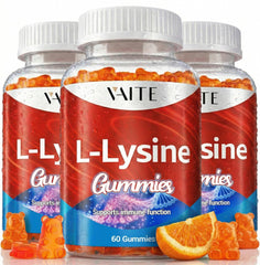 VAITE L-Lysine 1000mg Gummies bottle shows vegan, gluten-free wellness for adults.