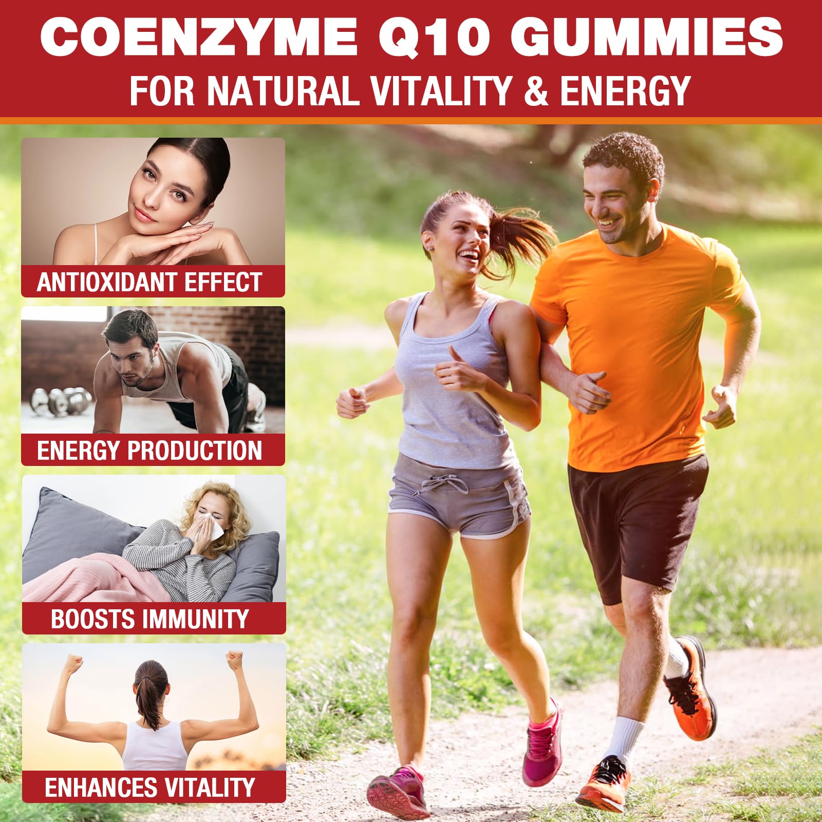 VAJYKEWJY CoQ10 gummies packaging highlighting vegan, non-GMO, gluten-free.