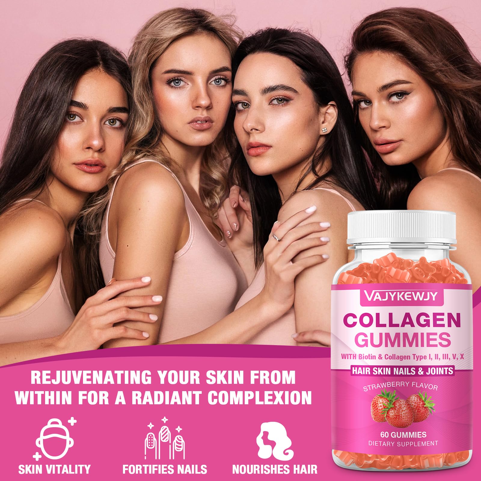 VAJYKEWJY biotin vitamins label signals antioxidant-rich blend for hair and skin.