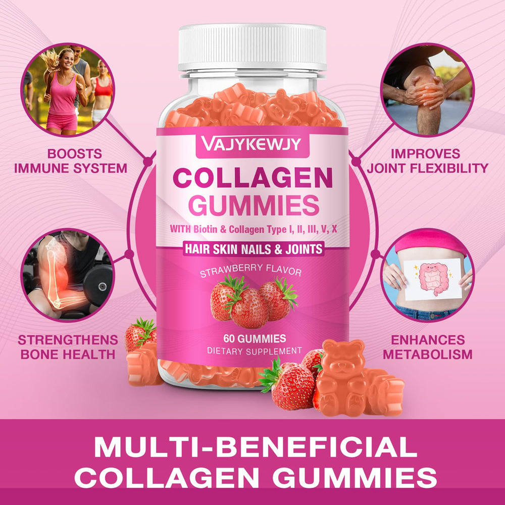 VAJYKEWJY collagen-types info panel outlines five types for joint and skin support.