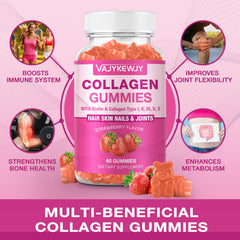 VAJYKEWJY collagen-types info panel outlines five types for joint and skin support.