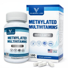 Valboren Labs Methylated Multivitamin bottle; convenient daily capsule routine for busy lifestyles.