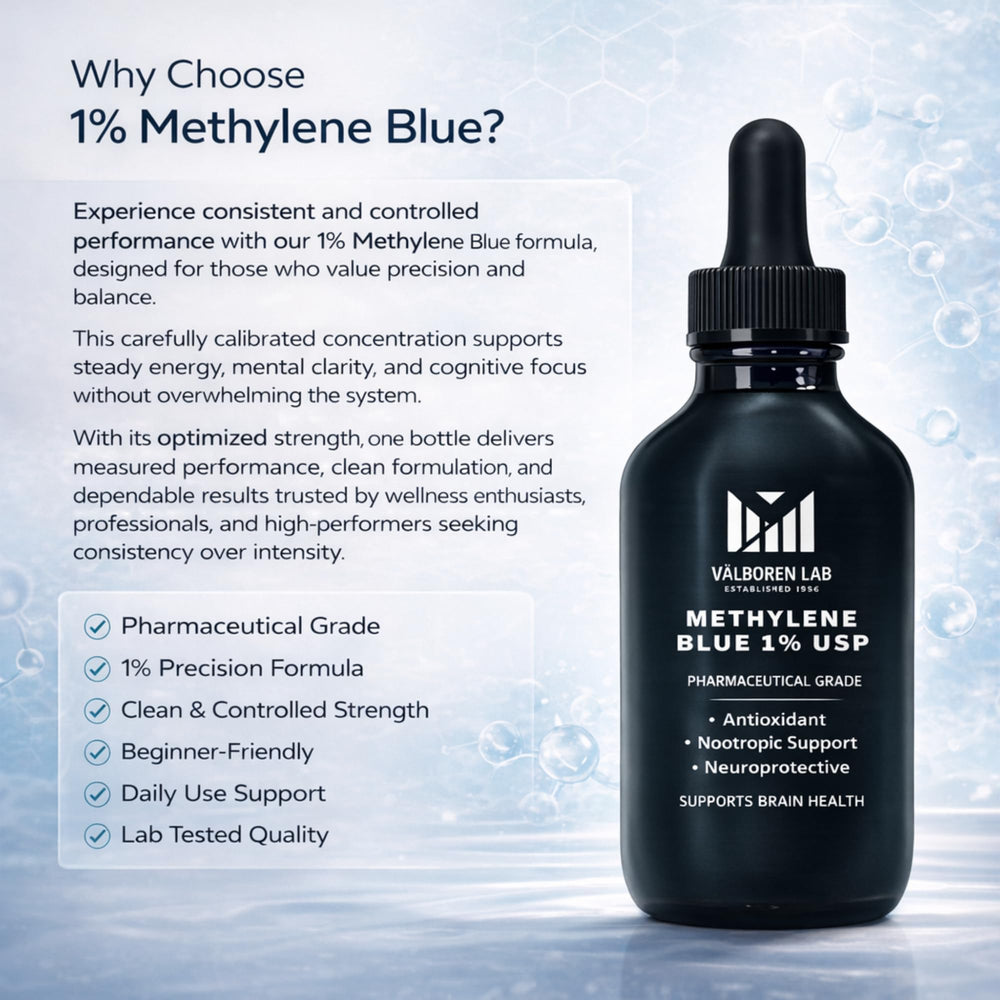 Valboren Labs Methylene Blue bottle back view with label.