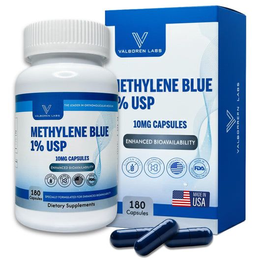 Valboren Labs Methylene Blue Capsules bottle front for daily focus support.