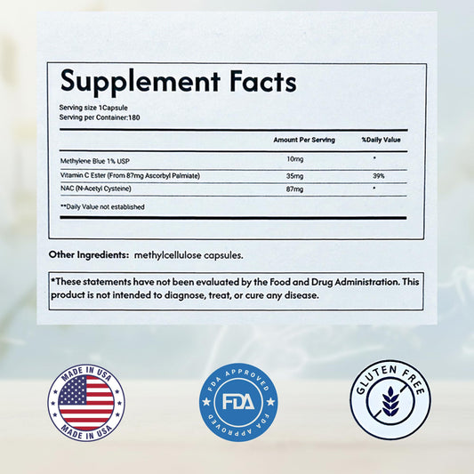 Valboren Labs Methylene Blue Capsules label close-up highlighting USP-grade purity.