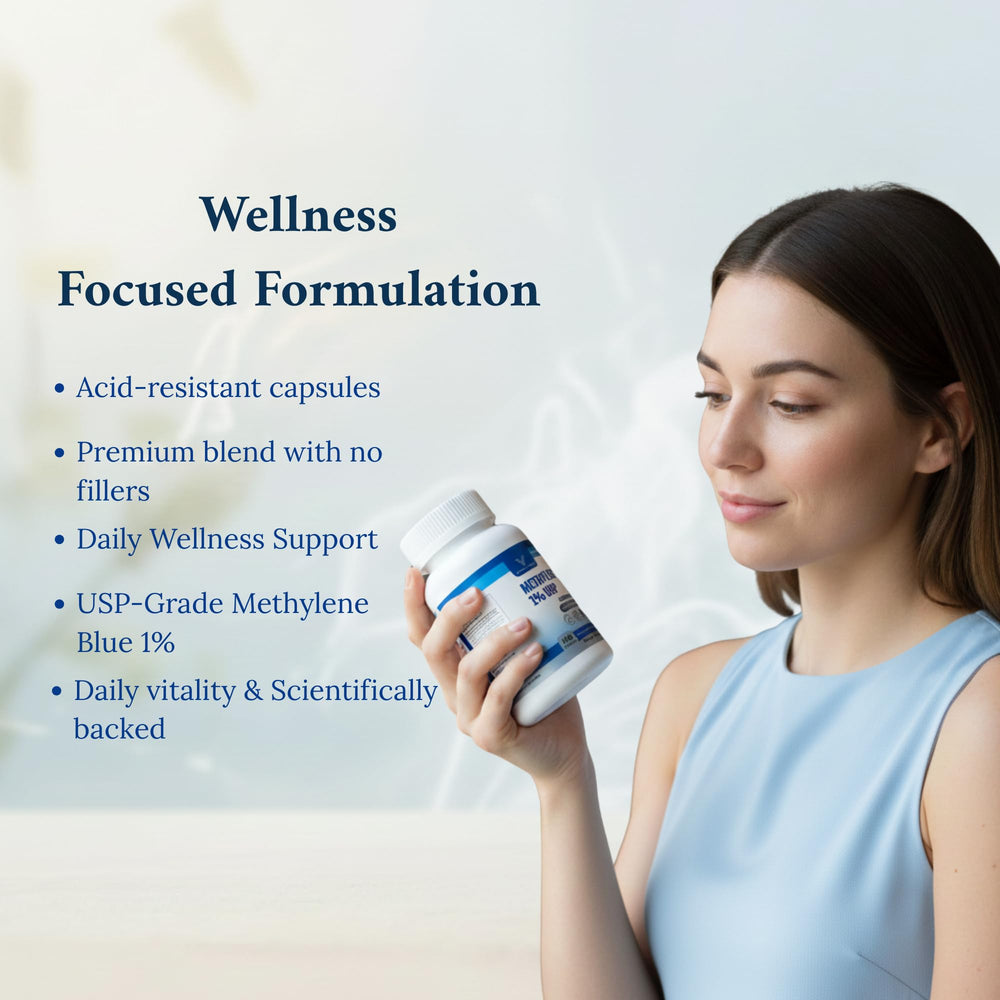 Valboren Labs Methylene Blue Capsules bottle with glass for routine wellness.