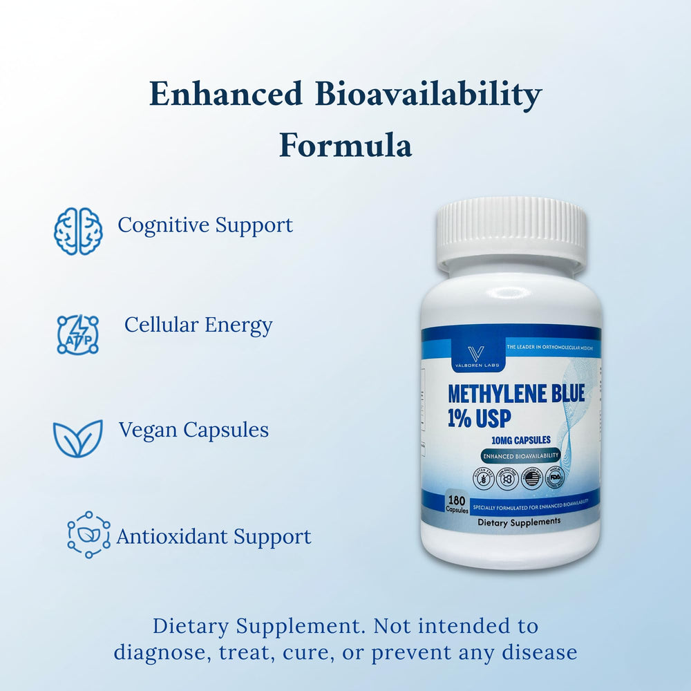 Valboren Labs Methylene Blue Capsules inside bottle with capsules for cognitive support.