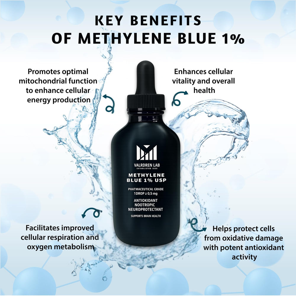 Valboren Labs Methylene Blue dropper pouring for precise dosing.