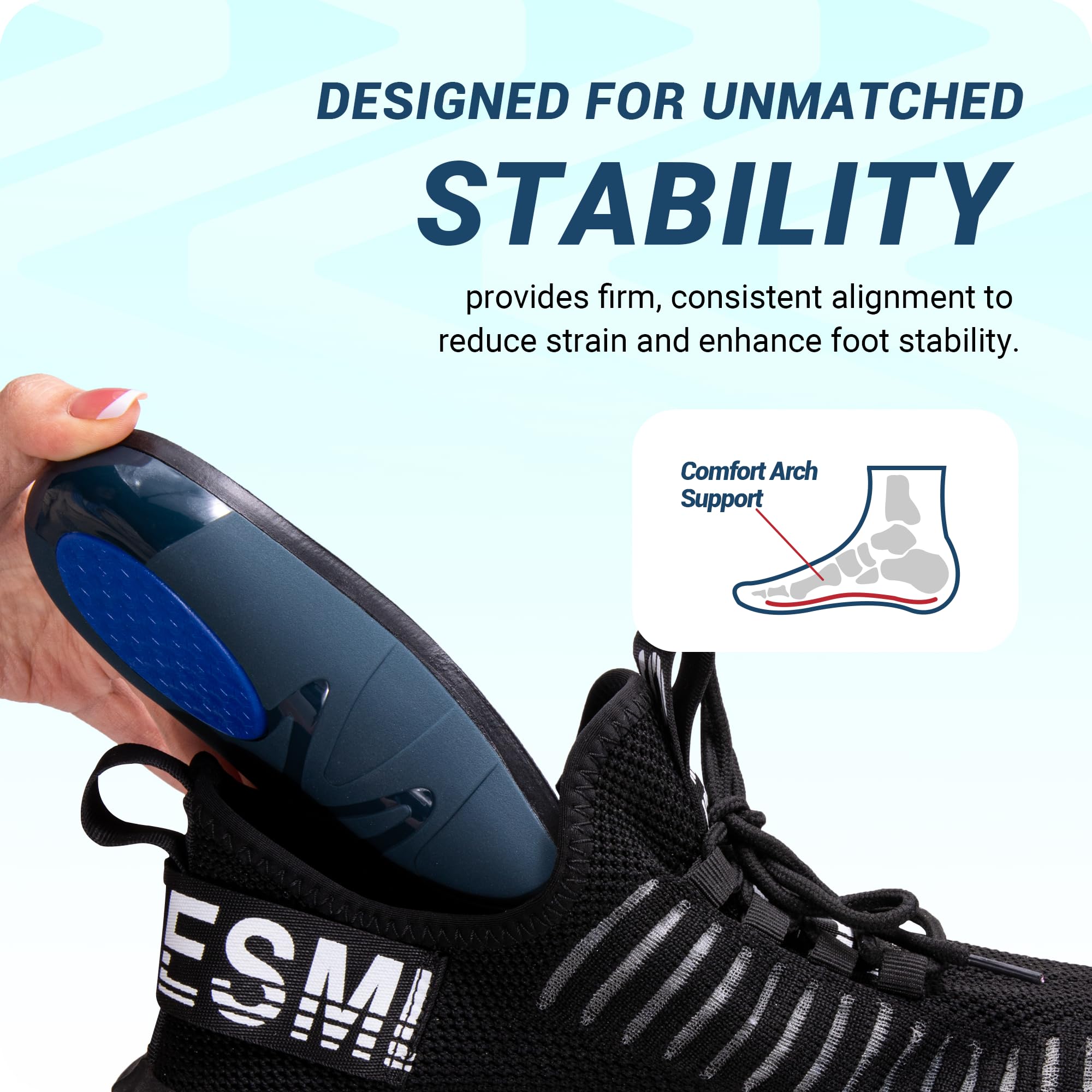 VALSOLE blue insoles in shoes on foot in lifestyle setting for daily wear.