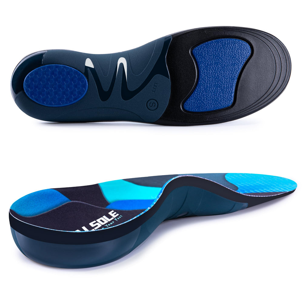 VALSOLE blue insoles packaging highlighting 220+ lbs support for daily comfort.