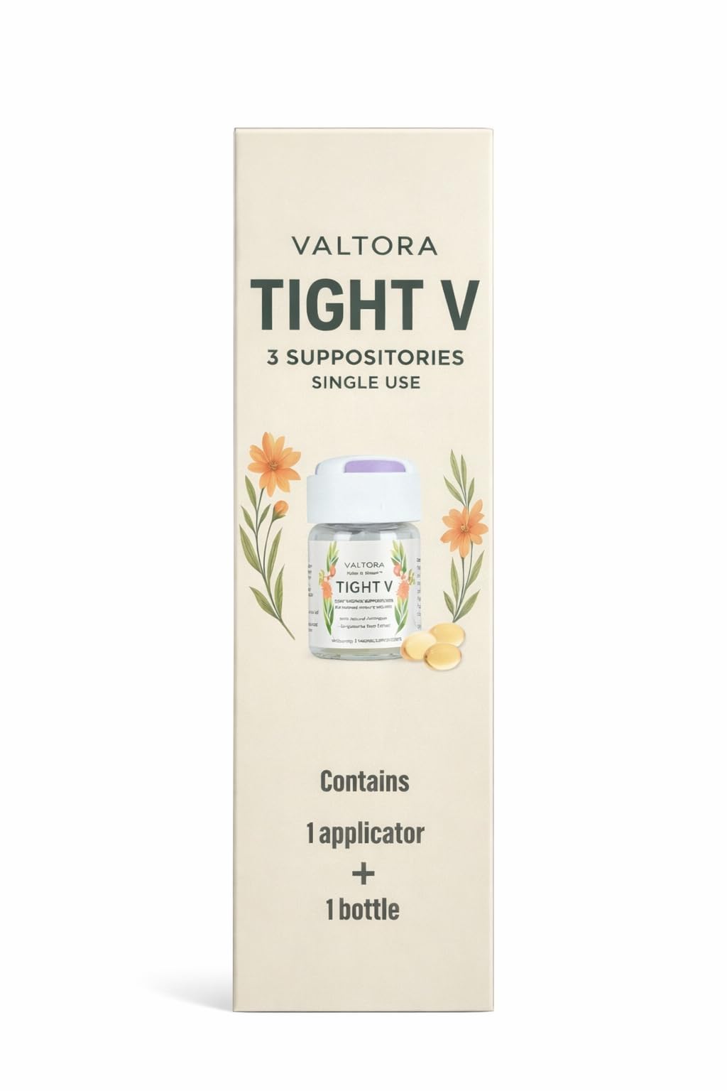 VALTORA Tight V bottle close-up showing plant-based formula for gentle intimate care.