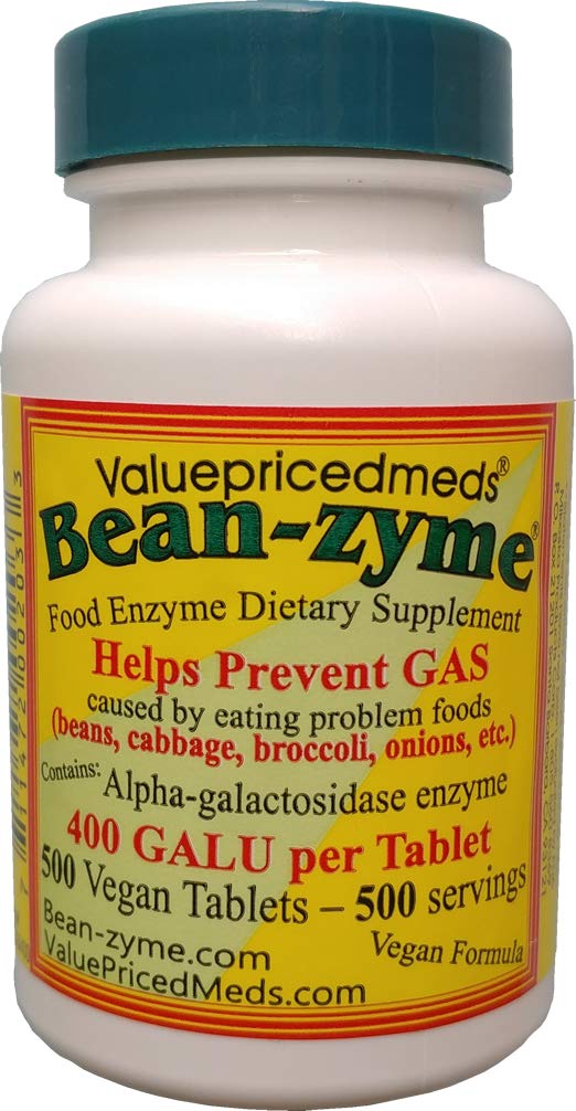 ValuePricedMeds Bean-Zyme bottle front view, vegan gas relief aid for meals.