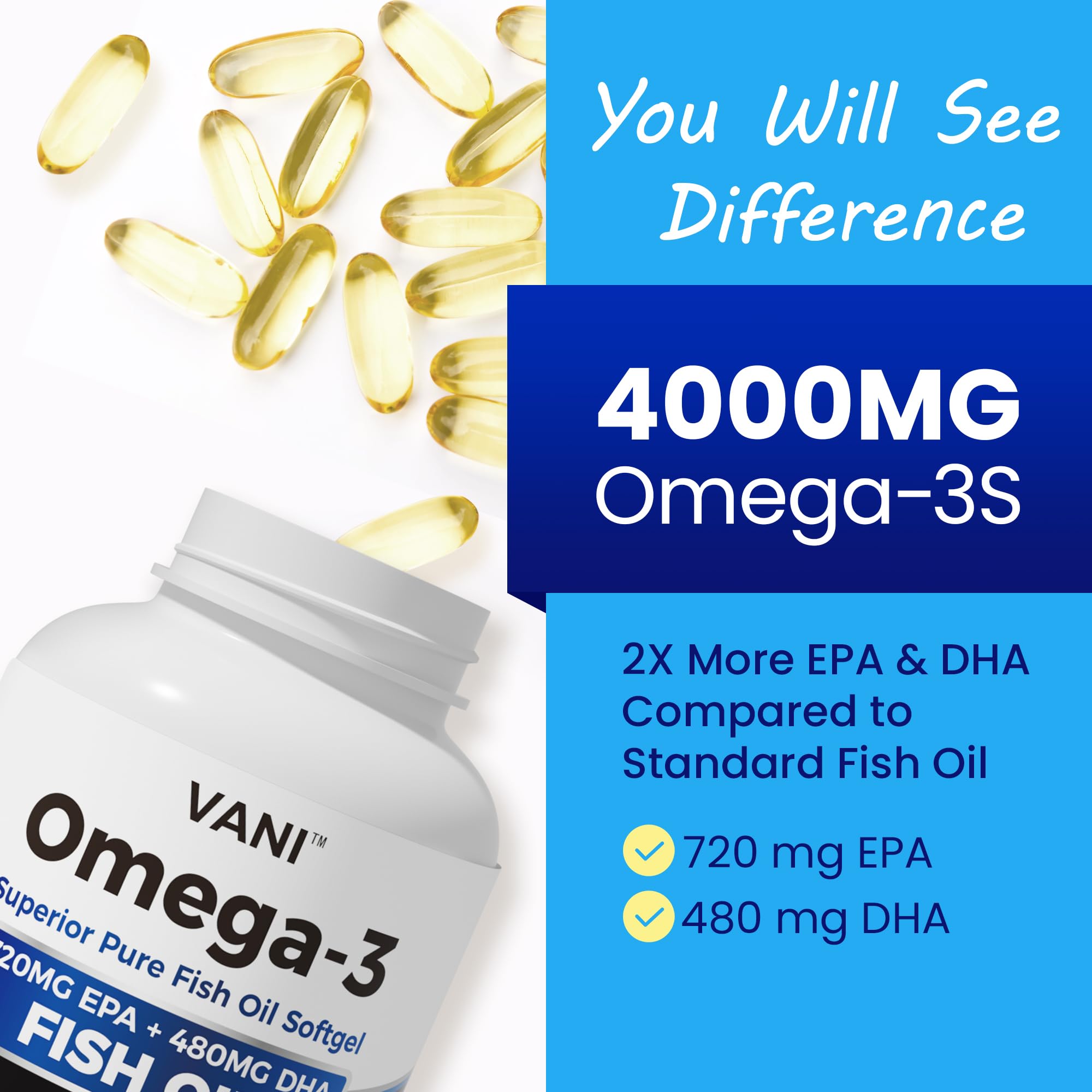VANI Fish Oil Omega-3 180-softgel bottle on kitchen counter for routine use.