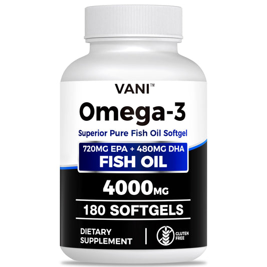 VANI Fish Oil Omega-3 softgels bottle highlights high EPA and DHA for daily brain and heart support.
