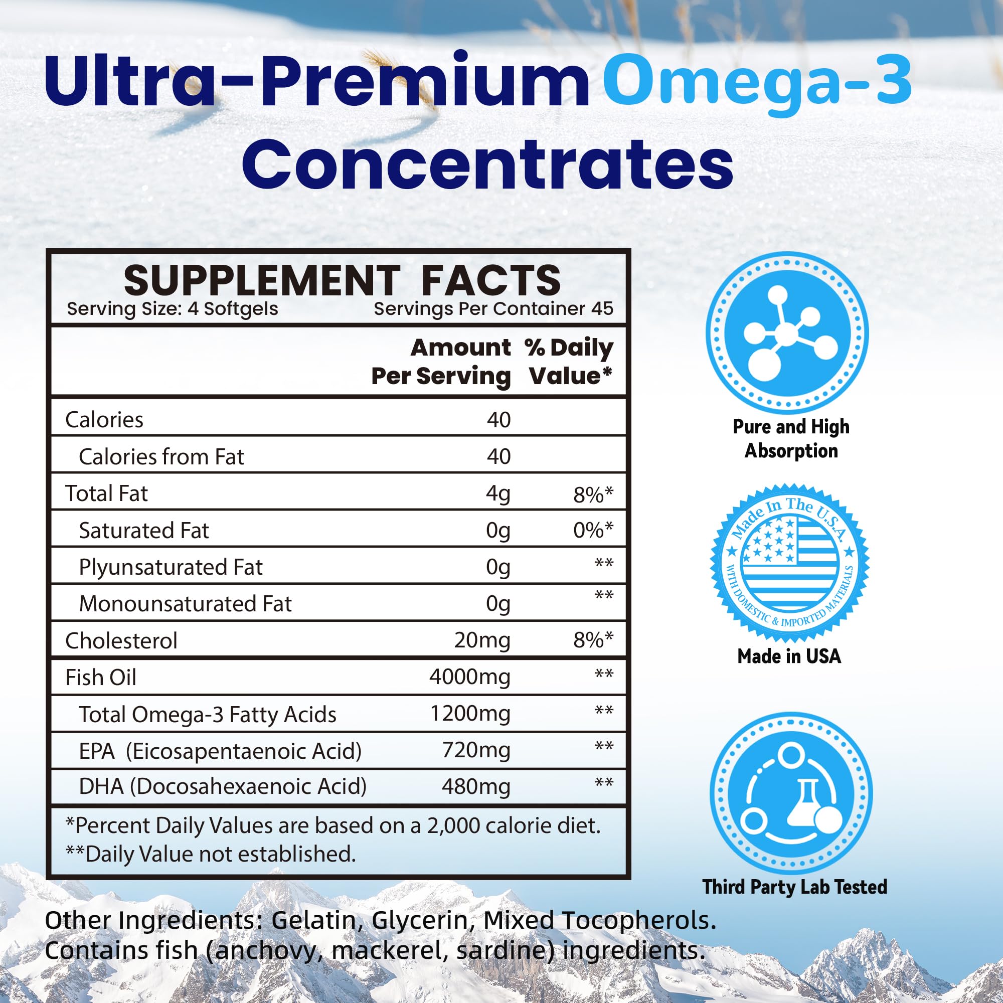 VANI Fish Oil Omega-3 softgels label emphasizes gluten-free purity for clean daily use.