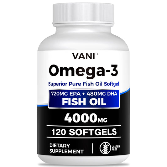 VANI Fish Oil Omega-3 bottle front highlighting 4000mg formulation for daily support