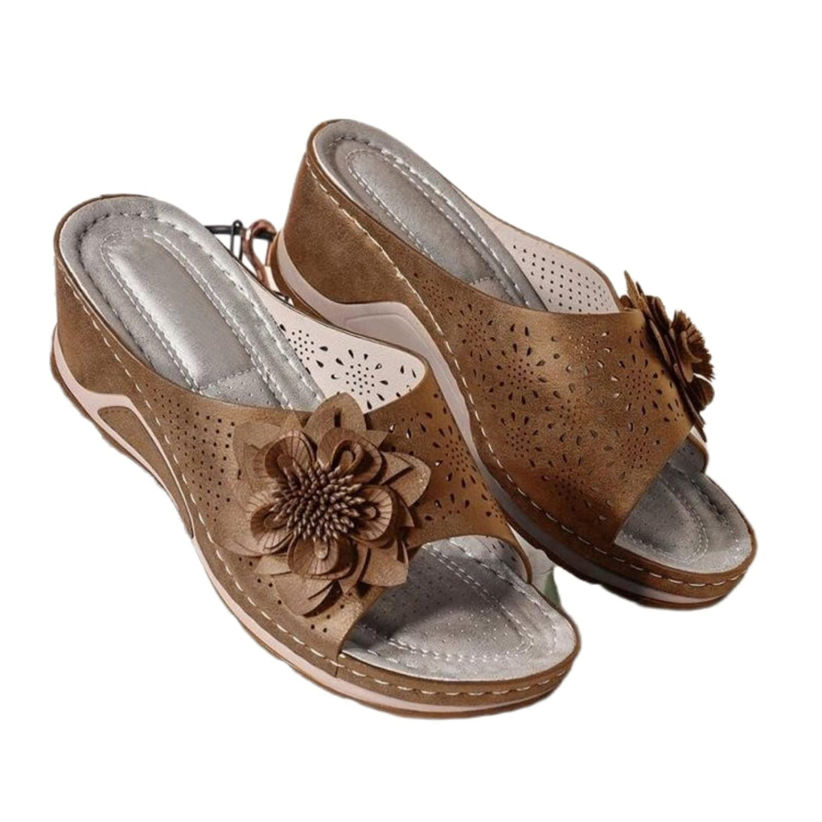 Vannida 3D floral cutout sandal front view in brown for everyday style