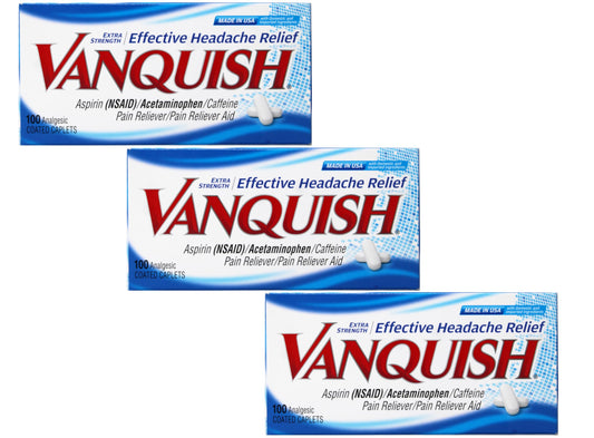 Vanquish bottle front showing triple-action pain relief.