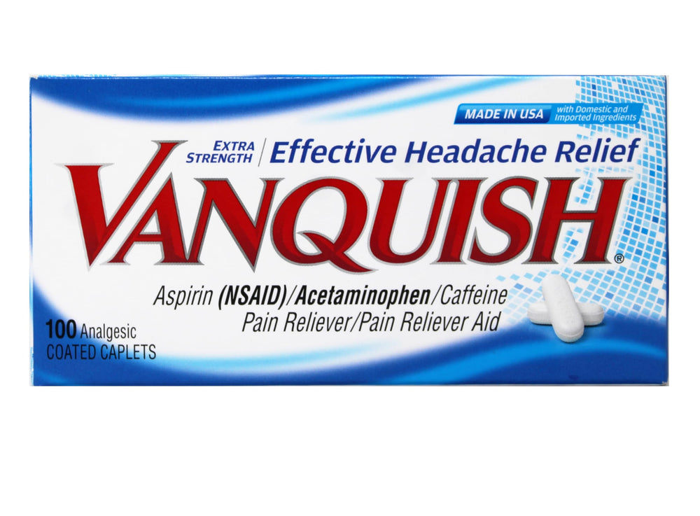 Vanquish Pain Reliever caplets close-up highlighting two-buffer formula.