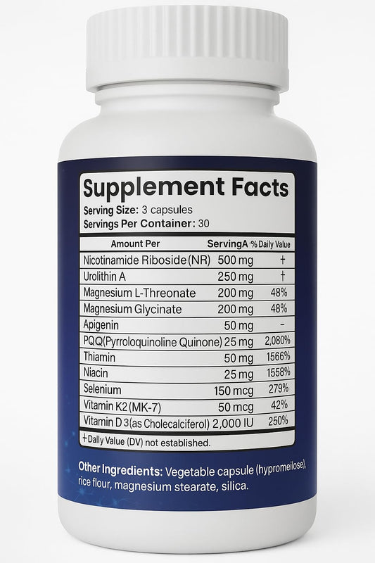 Closeup of Vantanex MitoFusion capsules emphasizing NR dosage.