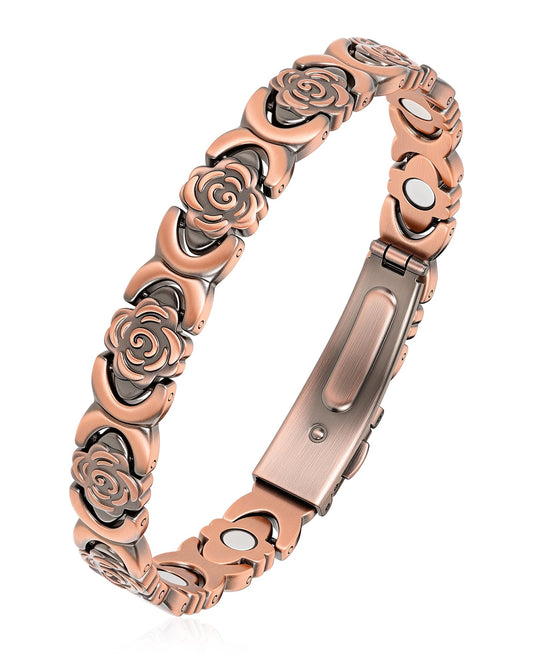 Vapeples copper magnetic bracelet with rose engraving highlights craftsmanship and elegant detail for daily wear.